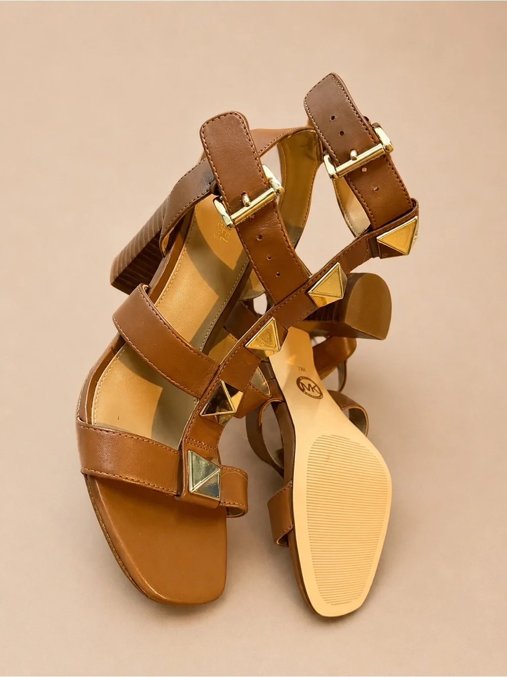 Michael Kors Tan Leather Studded Gladiator Block Heel Sandals